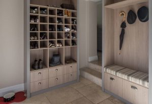 boot room with a combination of cubby holes and closed-in drawers or cupboards by roselind wilson design